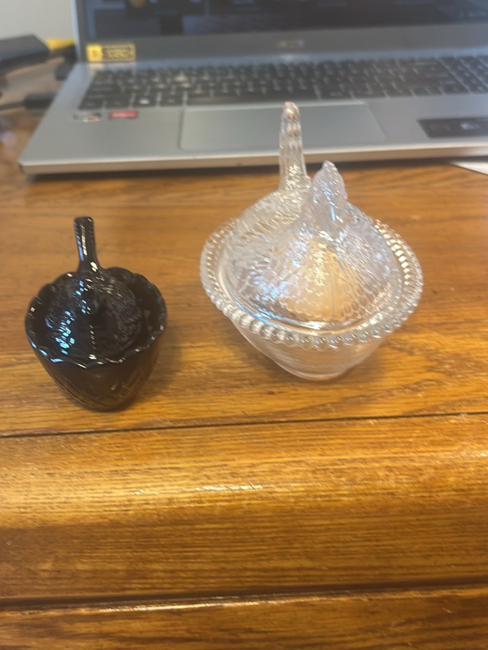 Clear Glass Lidded Dish & Black Glass Salt Cellar Set